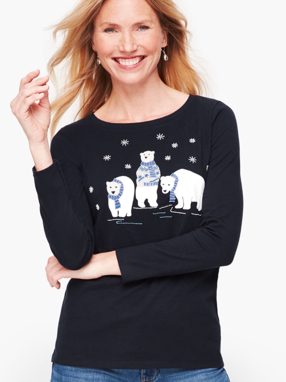 Talbots Navy Long-Sleeve Top with Embroidered Polar Bears